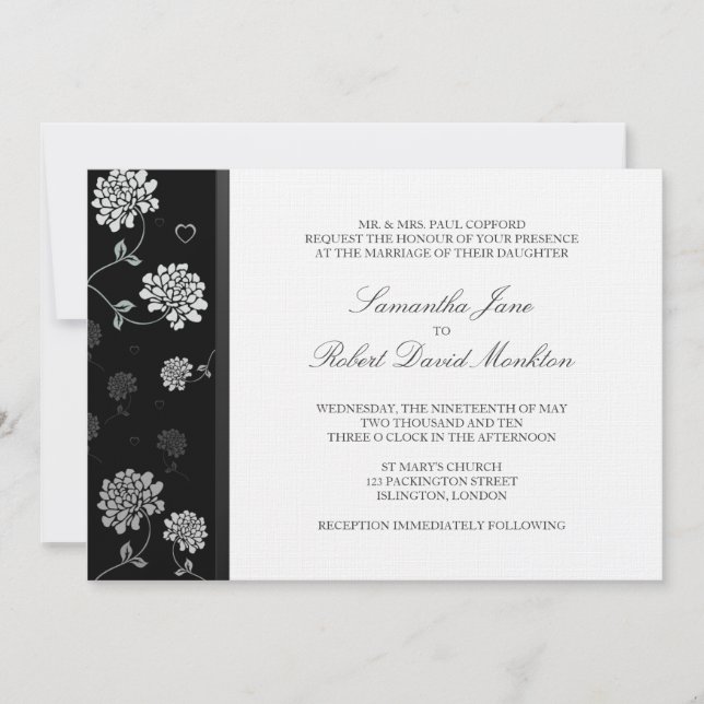 Invitation TBA:Invitations de mariage floral noir et blanc (Devant)
