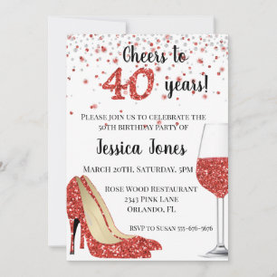 Invitation Tchin tchin pour quarante ans 40 ans Red Glitter W
