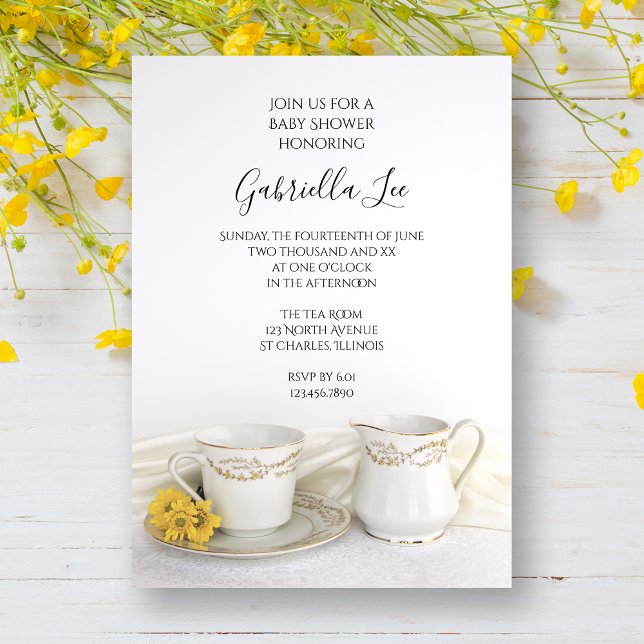 Invitation Tea Cup avec Baby shower de marguerites jaunes (Créateur téléchargé)