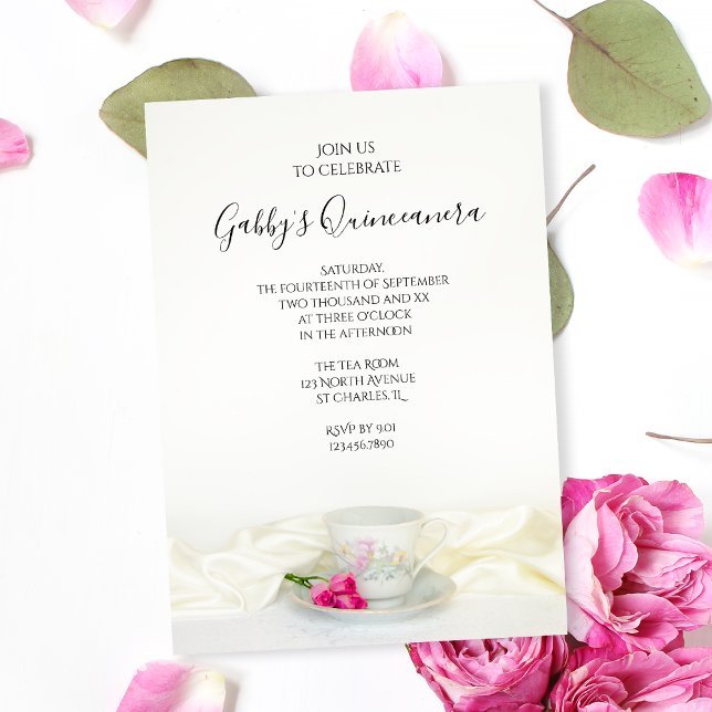 Invitation Tea Cup et Rose rose Quinceanera Party (Créateur téléchargé)