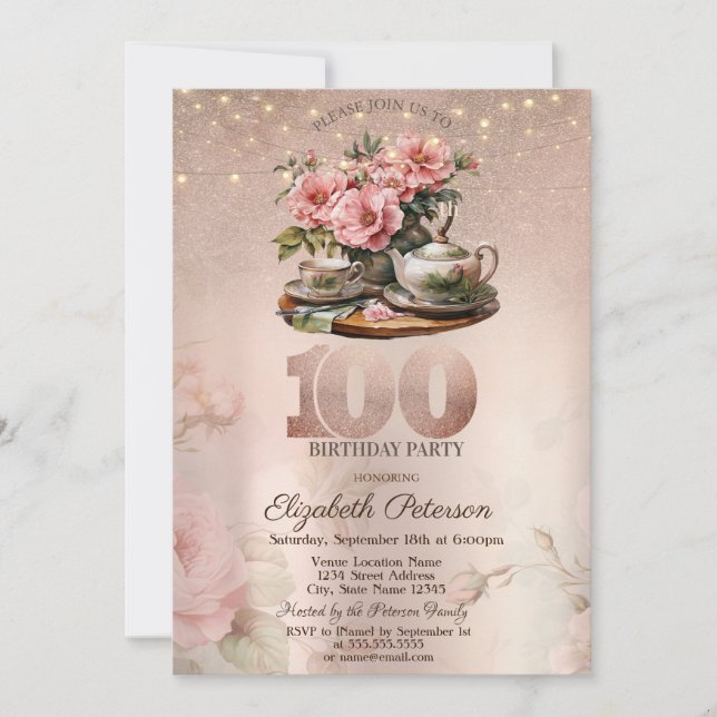 Invitation Tea Cup Flowers Parties scintillant Rose Gold 100e (Devant)