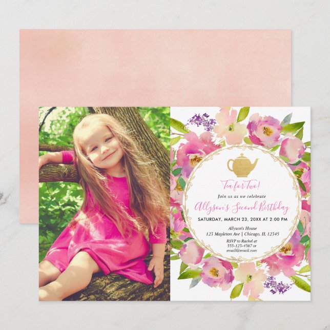 Invitation Tea for Two, Girl 2e anniversaire photo florale (Devant / Derrière)