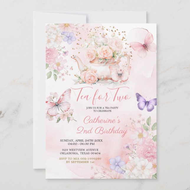 Invitation Tea For Two Pink Purple Tea Party Butterfly  (Devant)