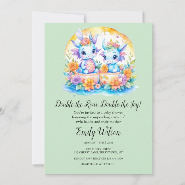 INVITATION TEA GREEN PLANCHER DRAGONS FLORAUX BABY SHOWER JUM (Devant)