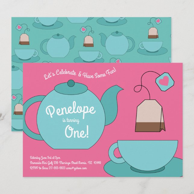 Invitation Tea Party 1er anniversaire pour les enfants (Devant / Derrière)