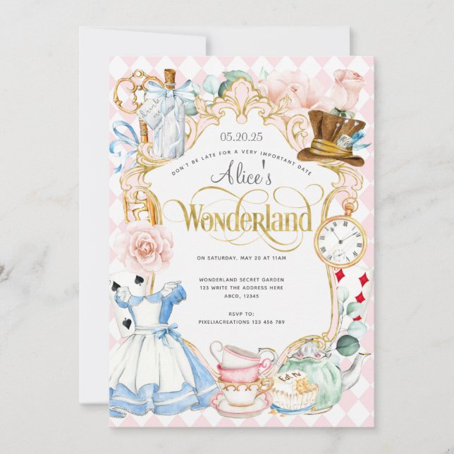 Invitation Tea party Alice au pays des merveilles rose fille  (Devant)