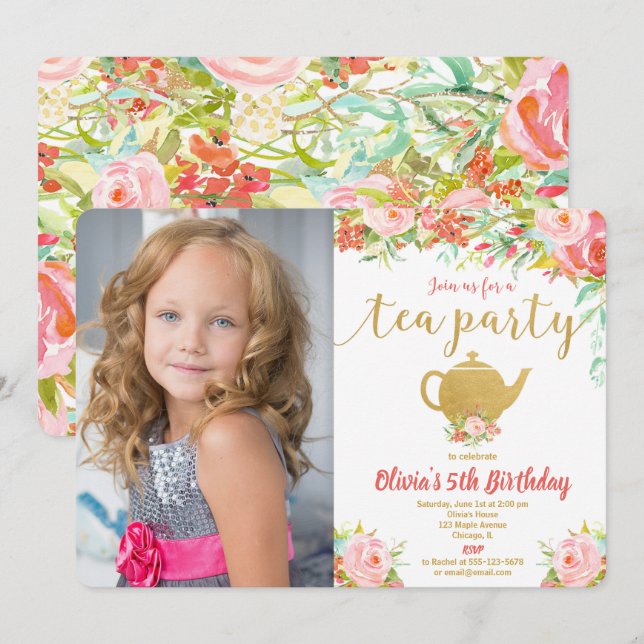Invitation Tea party anniversaire aquarelle florale or rose (Devant / Derrière)