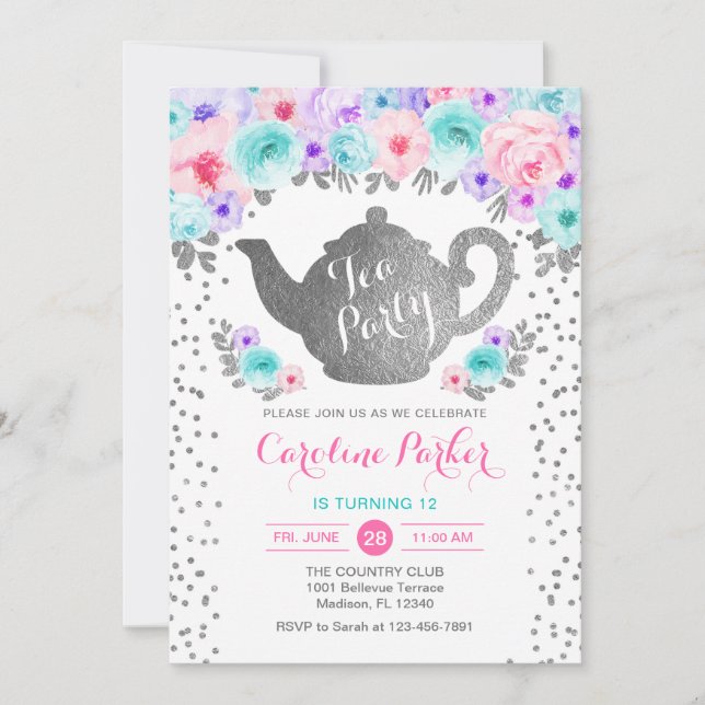 Invitation Tea Party Anniversaire - Argent Turquoise rose vio (Devant)