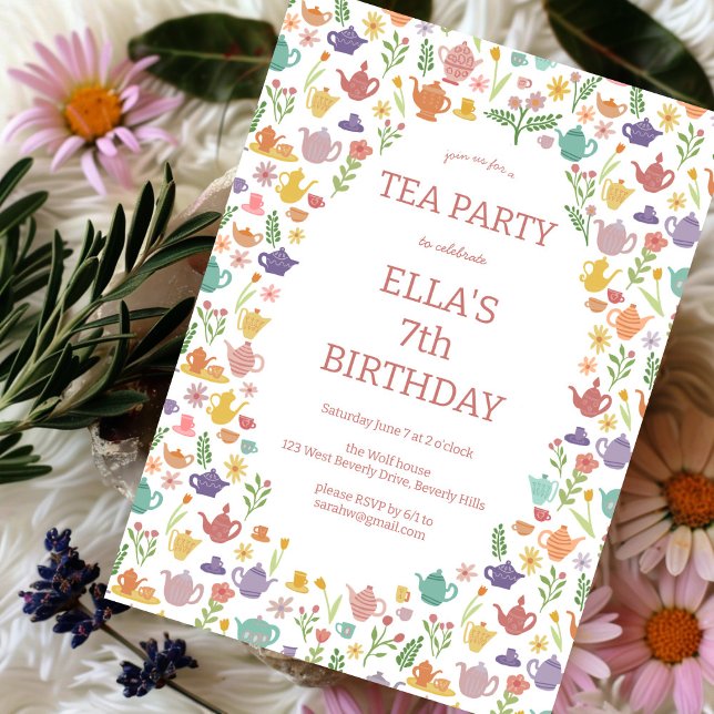 Invitation Tea Party Anniversaire Cute Custom coloré Floral (Tea Party Birthday Cute Custom Colorful Floral Invitation
)
