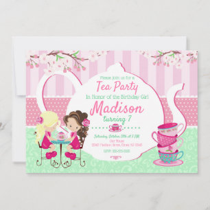 Invitation Tea Party Anniversaire / Fille / Pink Turquoise