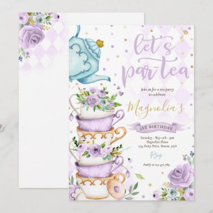 Invitation Tea Party Anniversaire Fille Purple Or Floral Par 