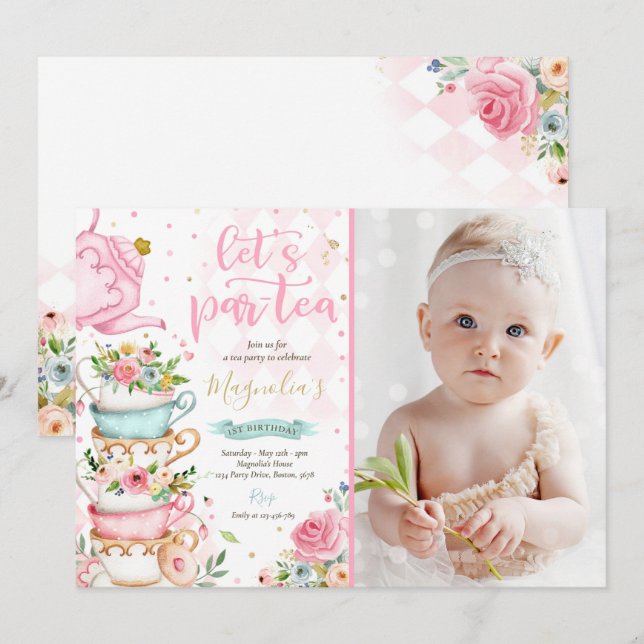 Invitation Tea Party Anniversaire Fille Rose & Or Floral Par  (Devant / Derrière)