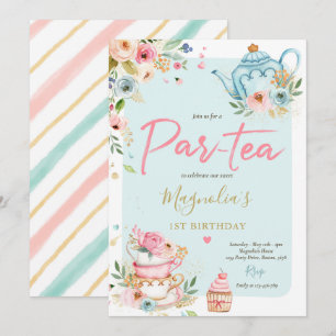 Invitation Tea Party Anniversaire Fille Rose & Or Floral Par 