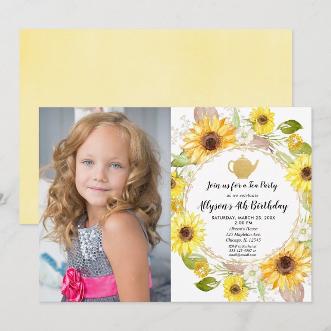 Invitation Tea party anniversaire fleuri de tournesol blanc j (Devant / Derrière)