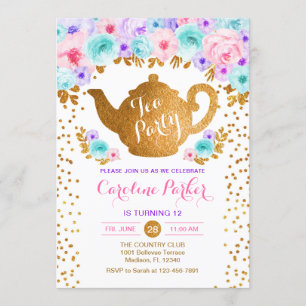 Invitation Tea Party Anniversaire - Gold rose Turquoise viole