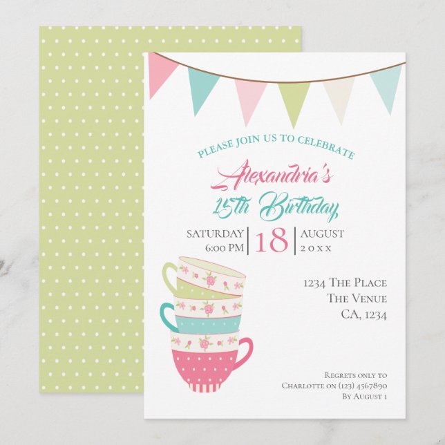 Invitation Tea Party Anniversaire Personnalisé couleur (Devant / Derrière)