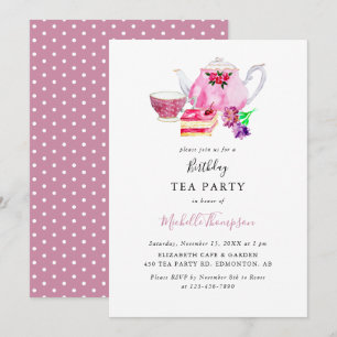 Invitation Tea Party Anniversaire Pink Teapot Script Aquarell