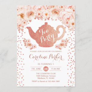 Invitation Tea Party Anniversaire - Rose or blanc rose floral