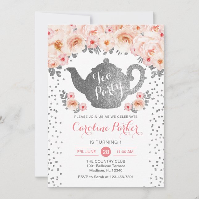 Invitation Tea Party Anniversaire - Silver White Rose Floral (Devant)