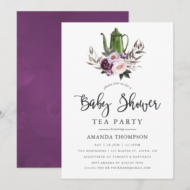 Invitation Tea Party Baby shower à velours profond (Devant / Derrière)