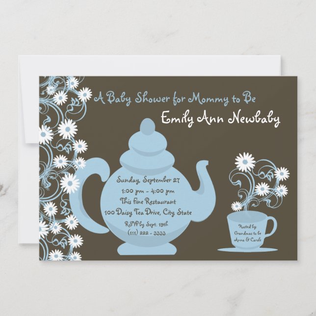 Invitation Tea Party Baby shower bleu et Brown (Devant)
