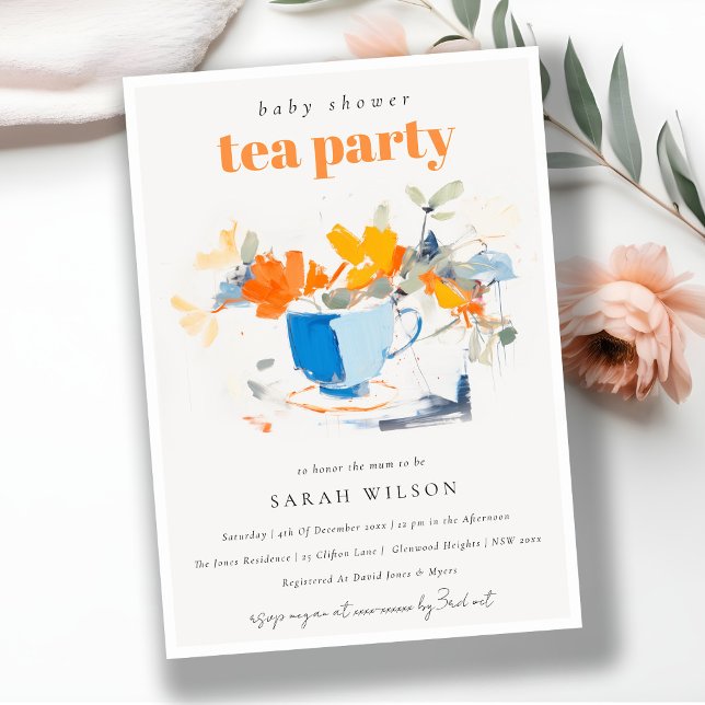 Invitation Tea Party Baby shower de la coupe Florale moderne  (Créateur téléchargé)