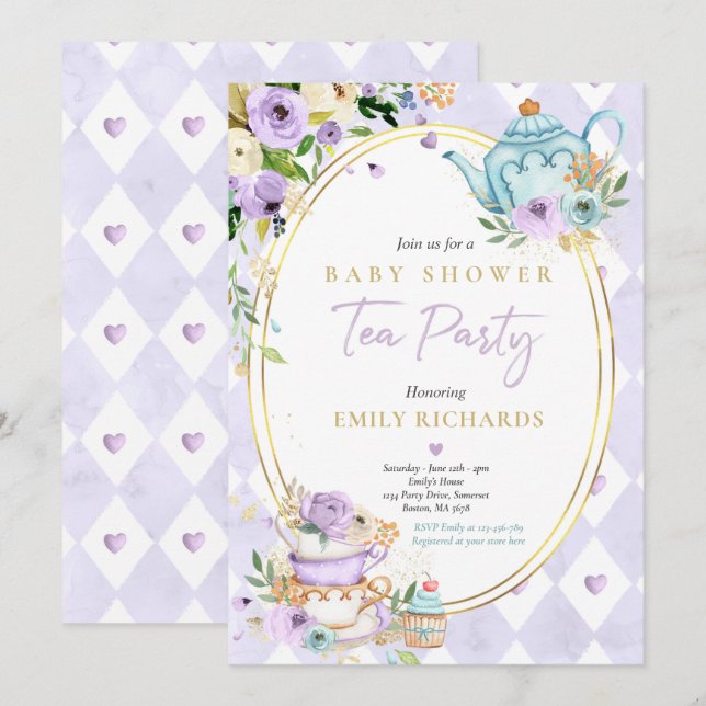 Invitation Tea Party Baby shower fille Lilac Rose bébé brasse (Devant / Derrière)