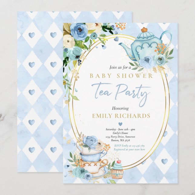 Invitation Tea Party Baby shower Garçon Bleu Roses Baby Brass (Devant / Derrière)