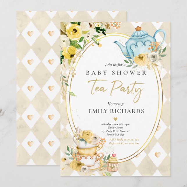 Invitation Tea Party Baby shower Genre Neutre Bébé Brassage (Devant / Derrière)