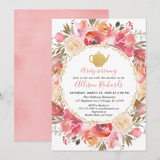 Invitation Tea party baby shower invitation, corail rousse ro (Devant / Derrière)