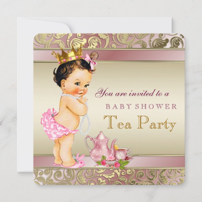 Invitation Tea Party Baby shower rose et Gold Pearl (Devant)