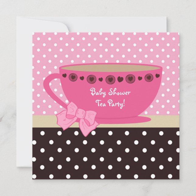 Invitation Tea Party Baby shower Rose Et Pois Brown (Devant)