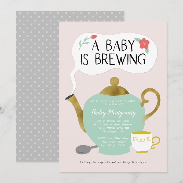 Invitation Tea Party Baby shower rose Le bébé brasse (Devant / Derrière)