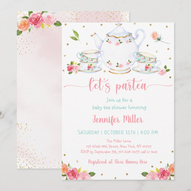 Invitation Tea Party Baby shower rose or Floral (Devant / Derrière)