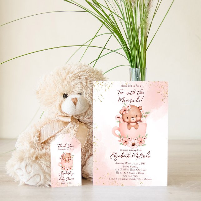 Invitation Tea party baby shower rose teint dans une tasse (Créateur téléchargé)