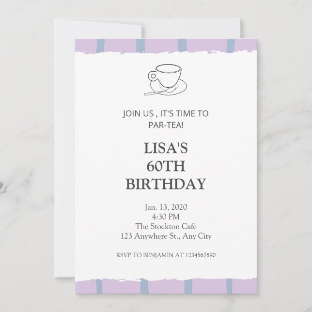 Invitation Tea party clair violet par thé 60e anniversaire (Devant)