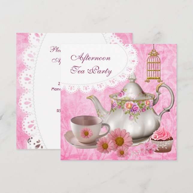Invitation Tea Party Cupcake Pink Floral Teapot (Devant / Derrière)