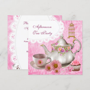 Invitation Tea Party Cupcake Pink Floral Teapot