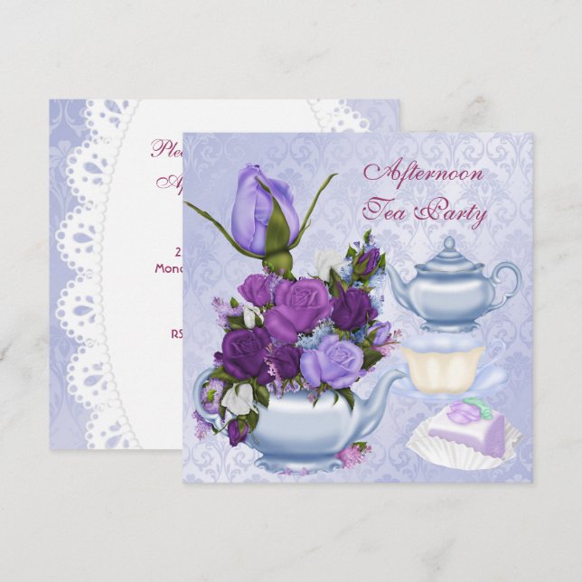 Invitation Tea Party de l'après-midi Tea Party Purple Floral  (Devant / Derrière)