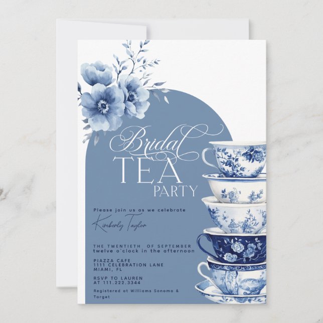 Invitation Tea Party Dusty Blue Chinoiserie Douche (Devant)