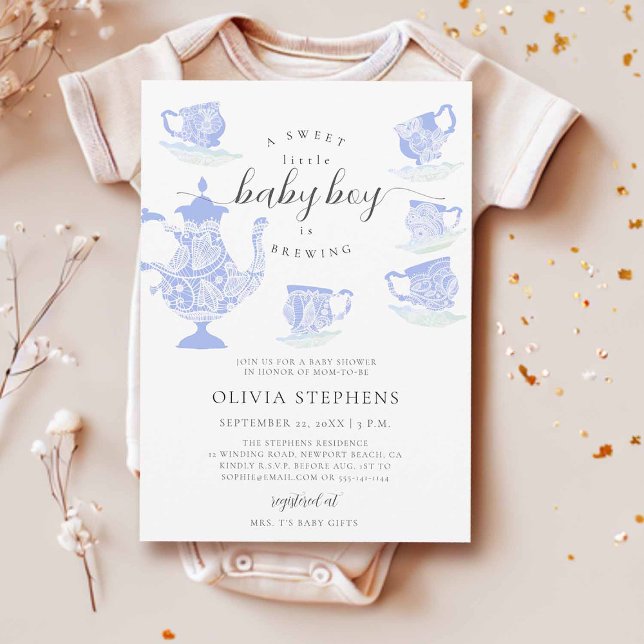 Invitation Tea Party Élégant Boho Lace Set Baby Boy Douche (baby brewing tea party invitation boy blue lace tea set elegant modern boho chic cute watercolor)