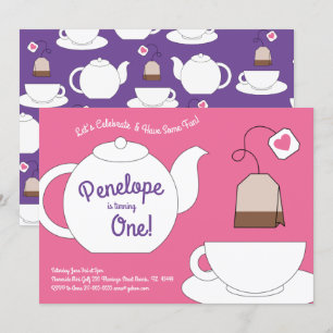 Invitation Tea Party Enfants 1er anniversaire Filles roses et