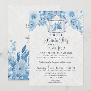 Invitation Tea Party fête d'anniversaire Dusty Blue White Flo