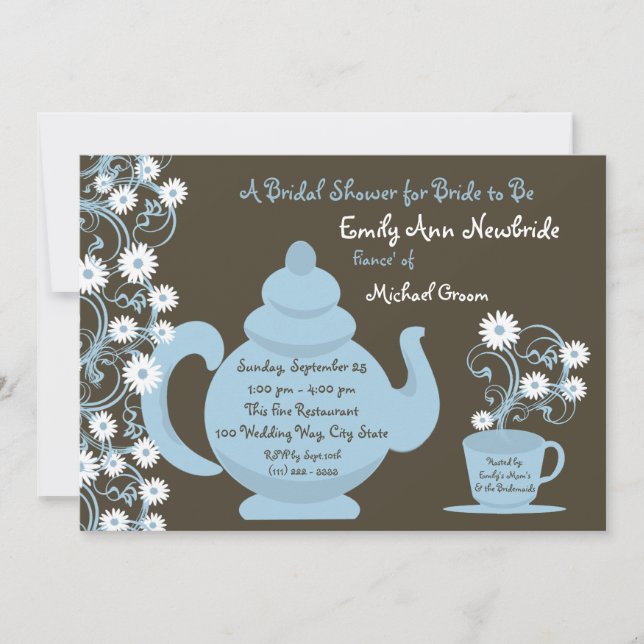 Invitation Tea Party Fête des mariées Bleu et Brown (Devant)