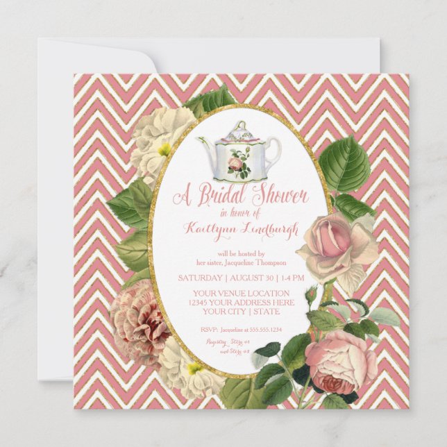 Invitation Tea Party Fête des mariées Chevron Stripes Rose (Devant)