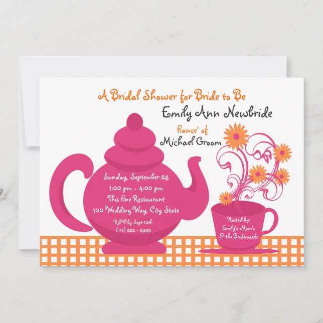 Invitation Tea Party Fête des mariées rose et orange (Devant)