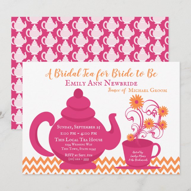 Invitation Tea Party Fête des mariées rose et orange (Devant / Derrière)