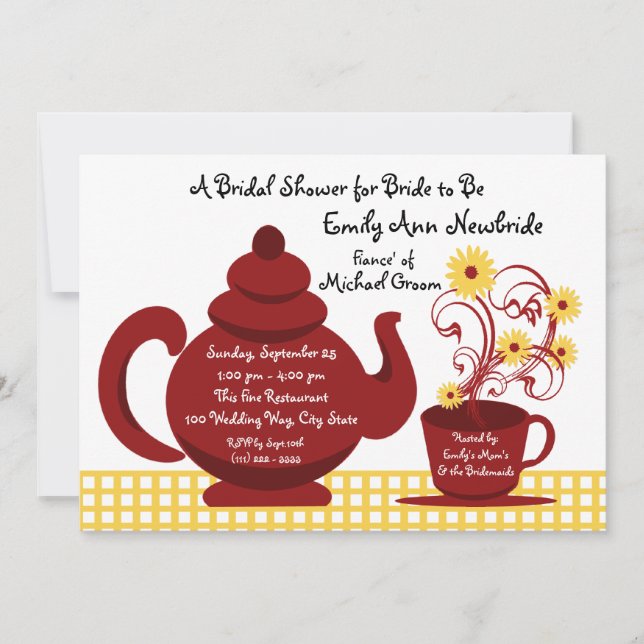 Invitation Tea Party Fête des mariées rouge et jaune (Devant)