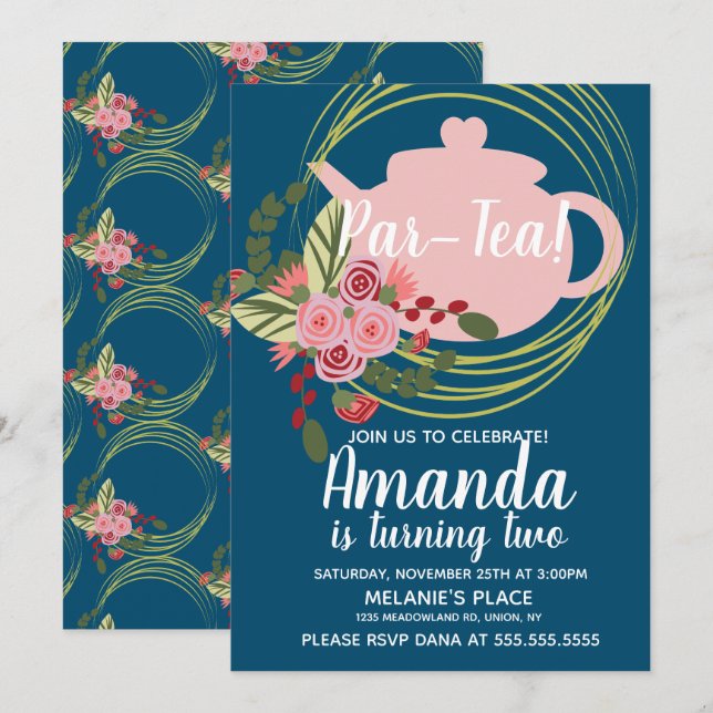 Invitation Tea Party Floral Wreath Whimisical rose rouge bleu (Devant / Derrière)