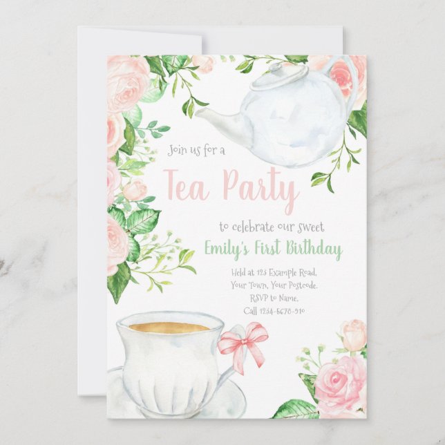 Invitation Tea Party Girls Anniversaire Invitation, Teapots (Devant)
